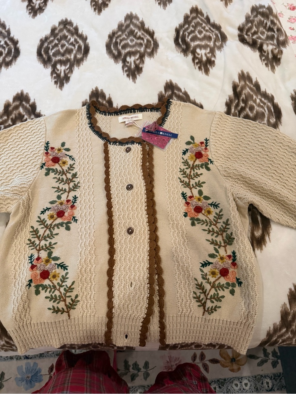 April Cornell Cream Embroidered Floral Button Cardigan with Brown Trim - Picture 3 of 3